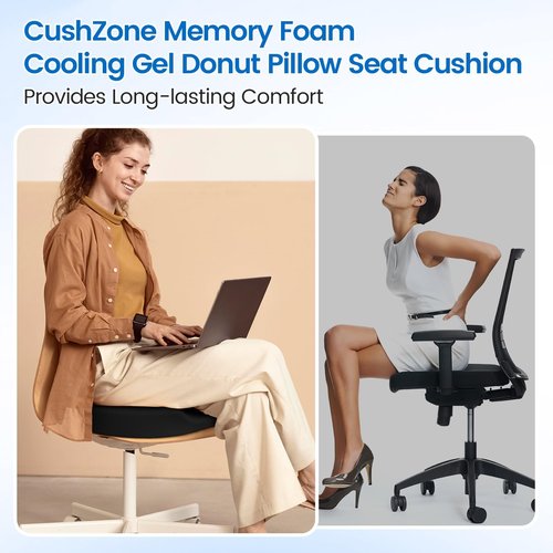 Donut Pillow Seat Cushion - Cooling Gel Stadium Seat Cushion, Memory Foam Chair Cushion for Office and Home, Car Seat Cushion, Hemorrhoids Pillow, Sciatica and Tailbone Pain Relief, Black
