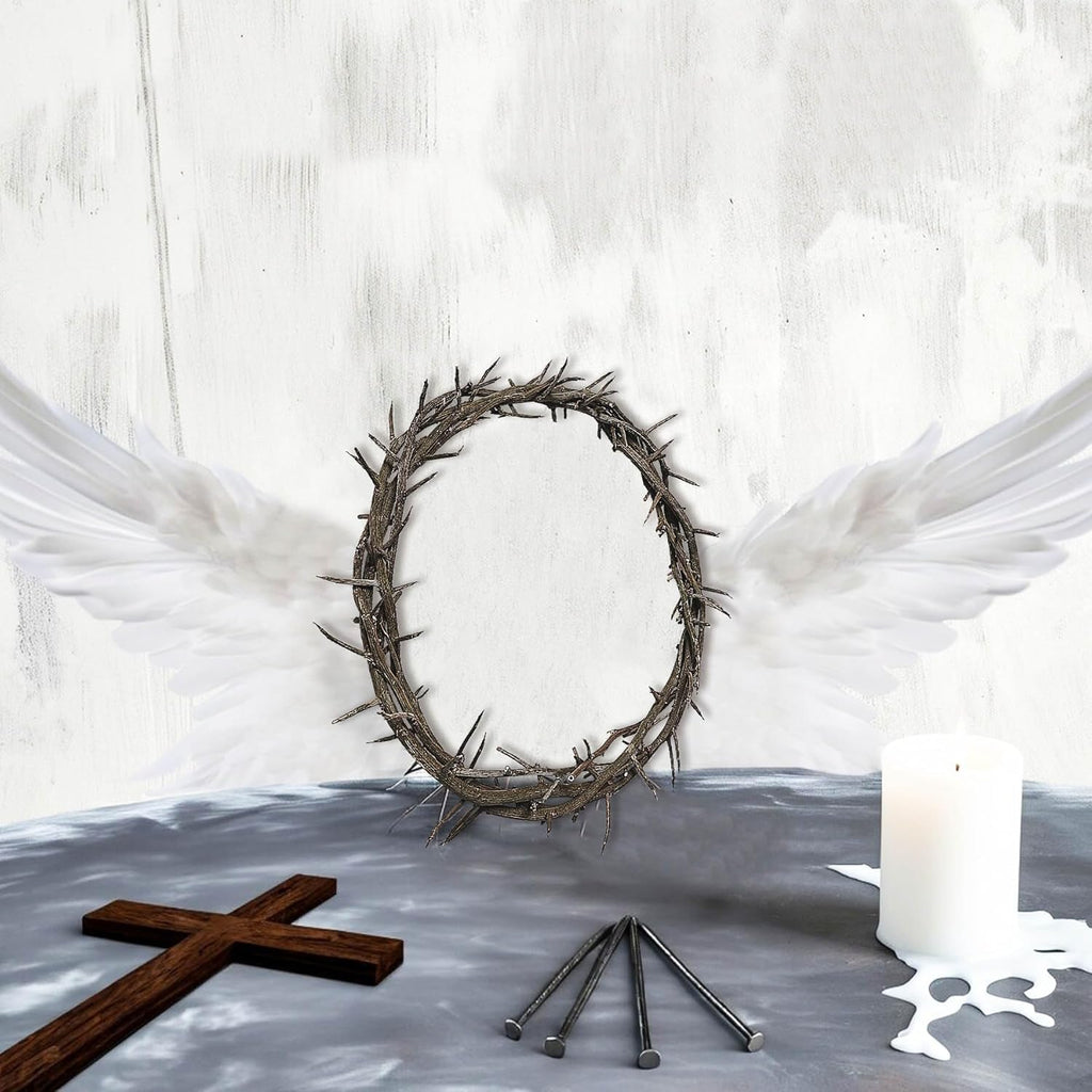 Skiennix Crown of Thorns Set - 5 Pcs with 8'' Jesus Thorn Crown & 3 Crucifix Nails | Easter Christian Decor