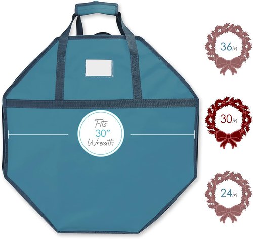 Hearth & Harbor Christmas Wreath Storage Organizer Box - Premium Hard Shell with Dual Zipper & Pockets, 30" | Blue