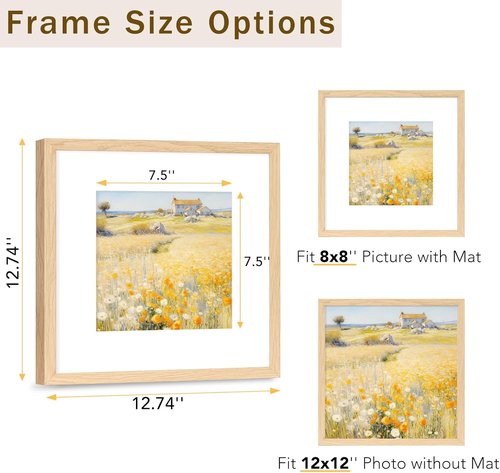 JCJMY 12x12 Solid Wood Picture Frame - Display 8x8 with Mat or 12x12 Without Mat, Natural Finish