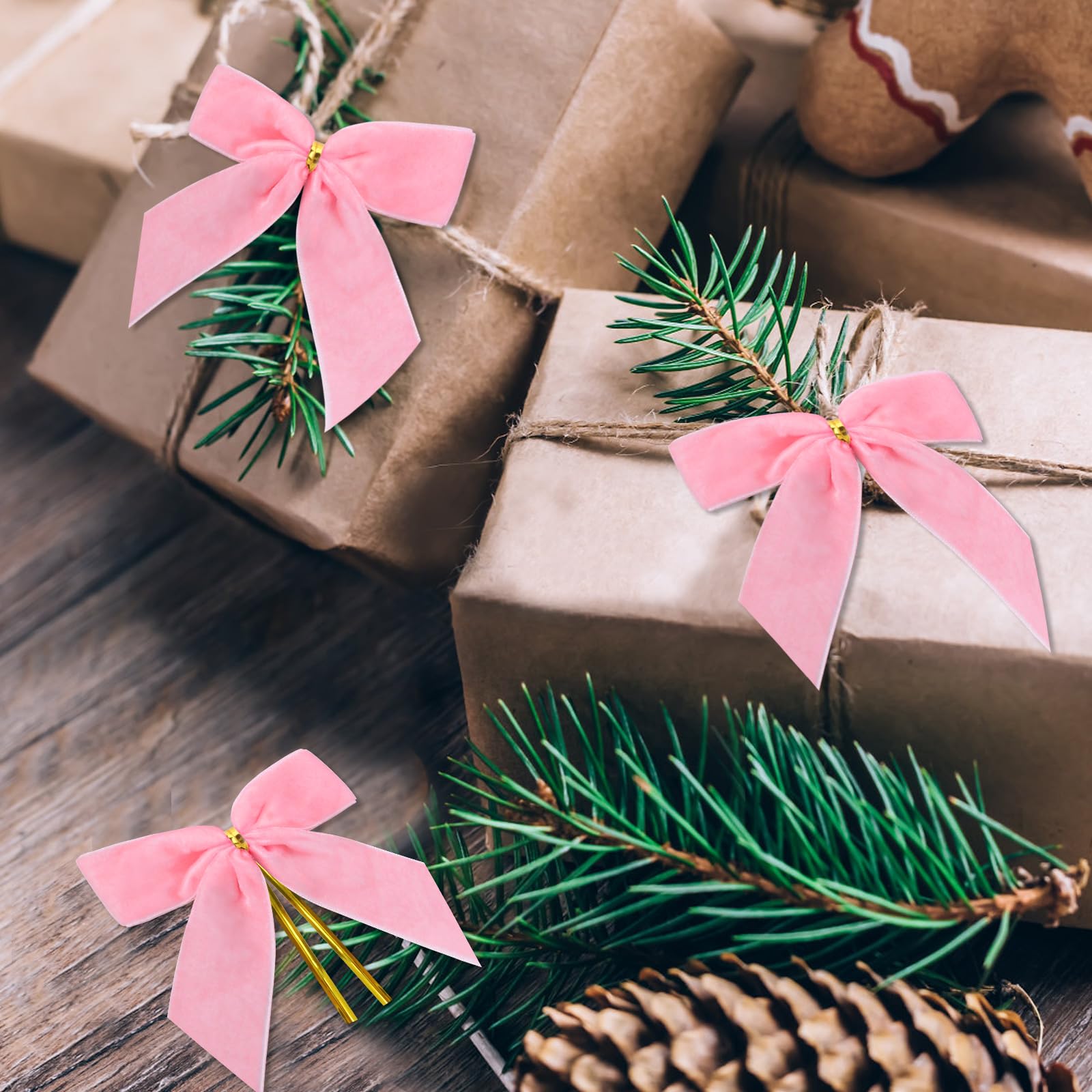 Tsorode 24 Pcs Pink Velvet Bows for Christmas Tree,Pink Bows Velvet Ornaments Christmas Tree Bow for Gift Wrapping Door Vintage Garland Wreath,Rustic Holiday Decor-1" Wide,3.5 x 3.5 Inch