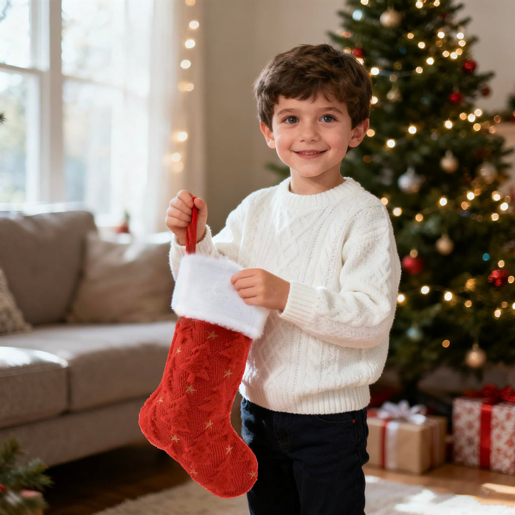 Christmas Stocking, red Sock has a Christmas Tree Shape., Plush White Cuff, 20 Inch Holiday Decor, Bone Shaped Design