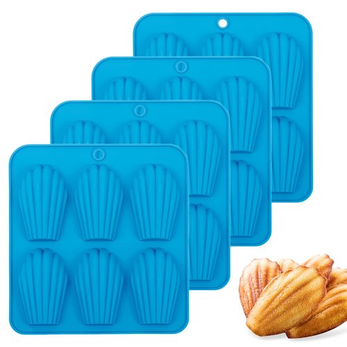 BIGOWL 4 Pack Madeleine Pans for Baking, 6 Cavity Shell Shape Baking Mold Nonstick Cookie Cake Pan for Oven (Blue)