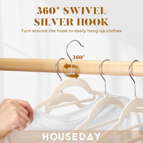 HOUSE DAY Velvet Hangers - Non-Slip Space-Saving Felt Hangers with Tie Bar | 60 Pack in Ivory for Clothes, Pants, Coats, and More
