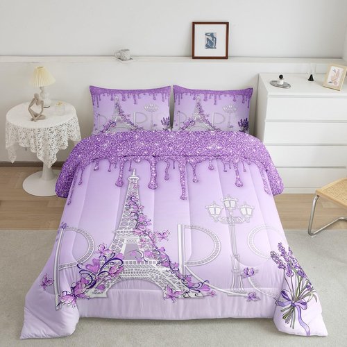 Castle Fairy Paris Comforter Set Twin Size,Eiffel Tower Bedding Set 2pcs for Kids Teens Girls Women Room Decor,Purple White Gradient Glitter Quilt Set Modern Romantic French Duvet Insert,1 Pillowcase