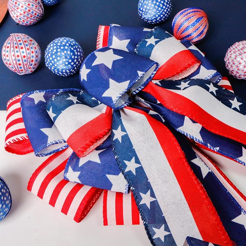 SIMISI Ribbon Patriotic Wreath Bow - 4th of July Decorations in Red, White & Blue Stars (11x20 Inch)