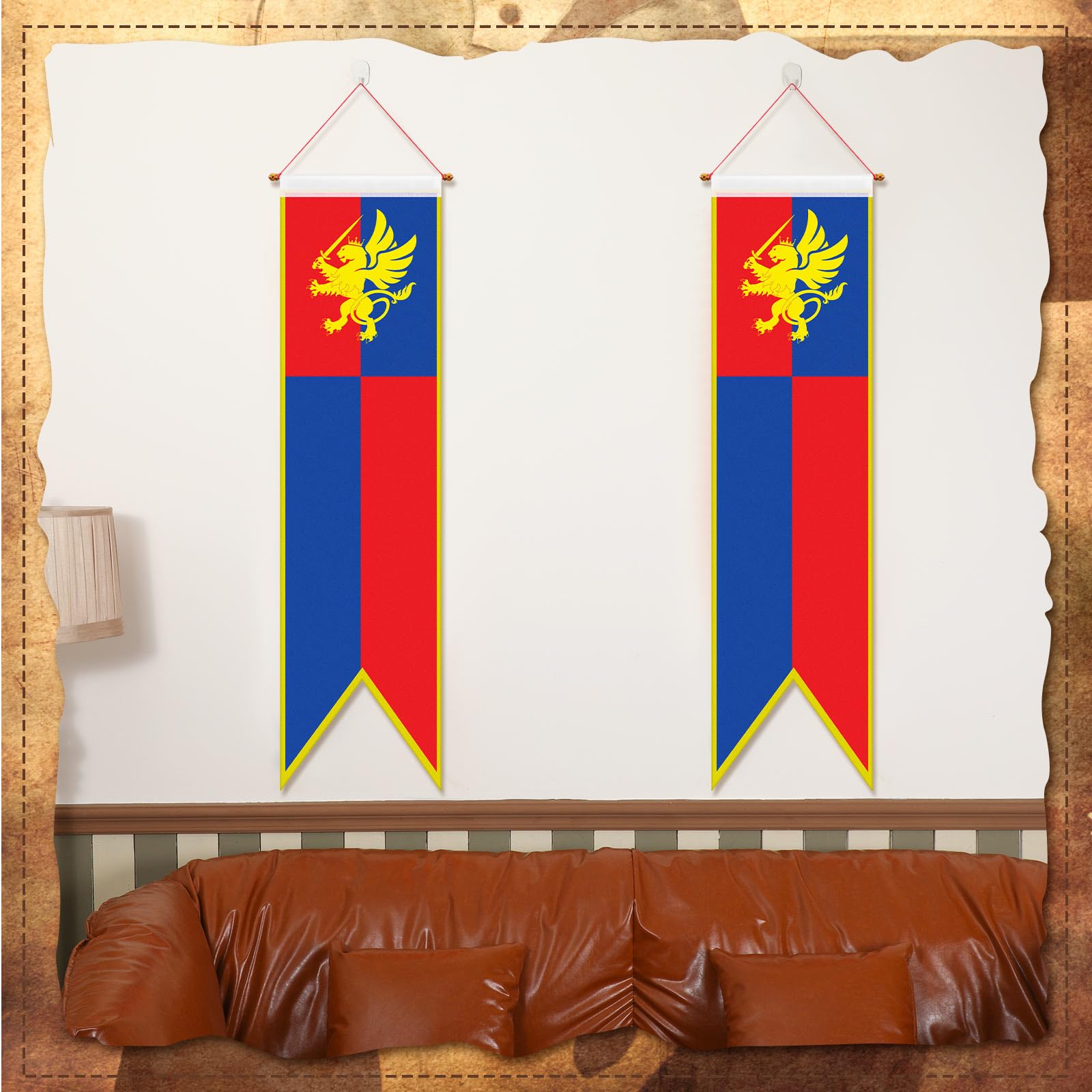 Oudain 4 ft Medieval Fantasy Pull-down Banner with Lion Design Hanging Party Bunting Banner Medieval Party Decorations Garden Cutouts Flag for Castle Theme Festival Birthday Decor(4 Pcs)