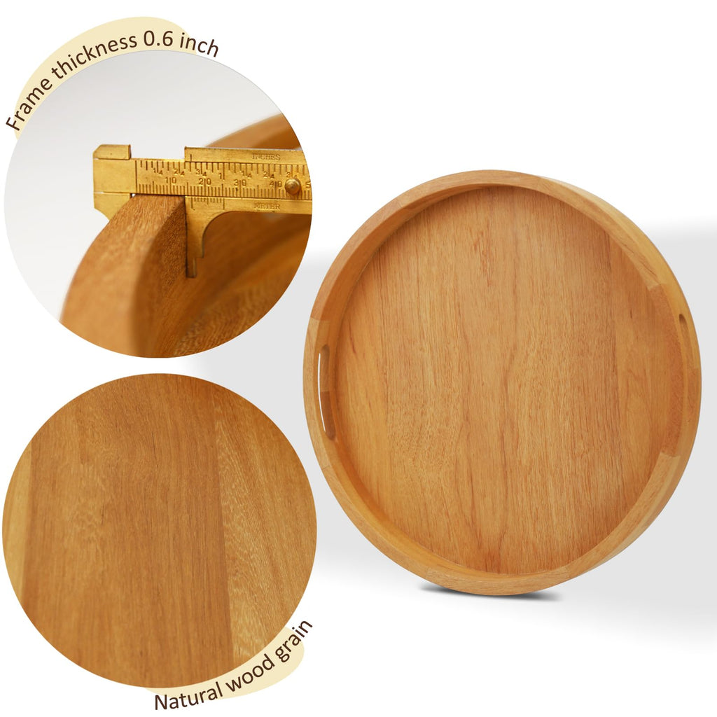 MAGIGO 16 Inches Extra Large Round Teak Wood Ottoman Tray with Handles, Serve Tea, Coffee Classic Wooden Decorative Serving Tray