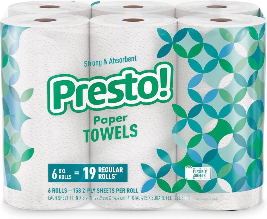 Presto! Ultra-Strong Premium Paper Towels - Flex-a-Size, 158 Sheets, 12 Huge Rolls (2 Packs of 6) - White