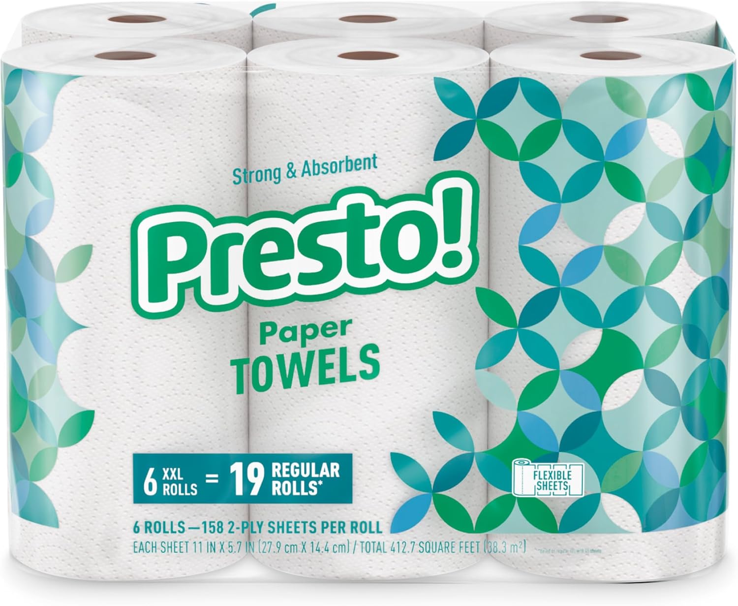 Presto! Ultra-Strong Premium Paper Towels - Flex-a-Size, 158 Sheets, 12 Huge Rolls (2 Packs of 6) - White