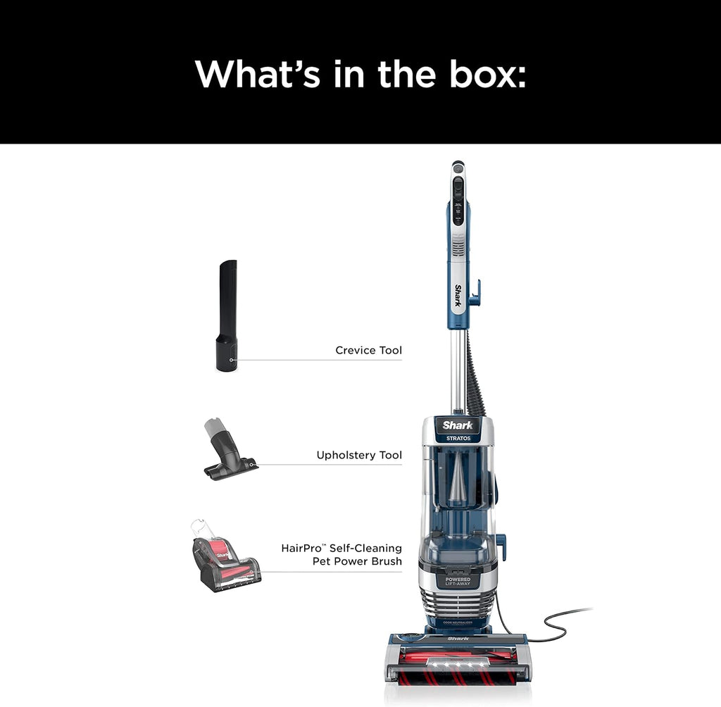 Shark Stratos Upright Vacuum - DuoClean PowerFins & HairPro | Powered Lift-Away, Navy AZ3002