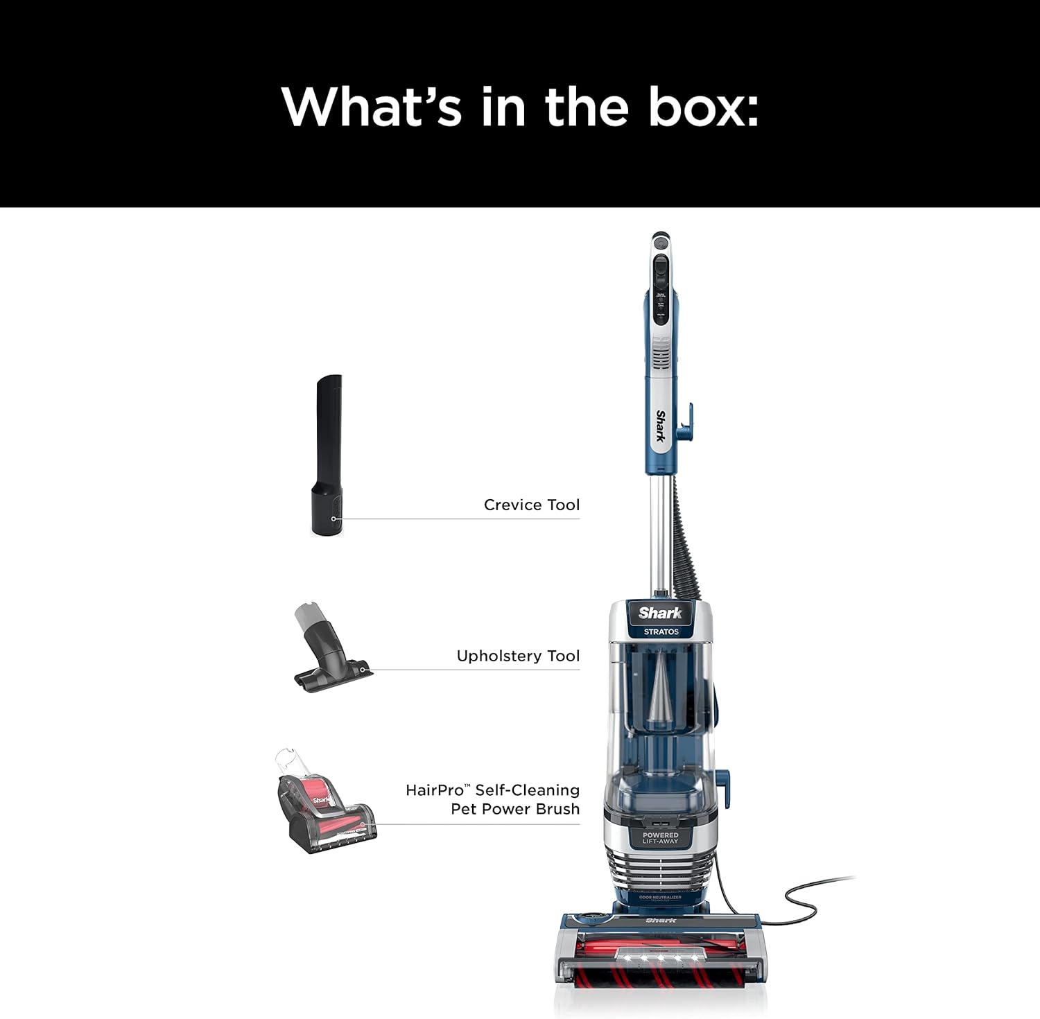 Shark Stratos Upright Vacuum - DuoClean PowerFins & HairPro | Powered Lift-Away, Navy AZ3002