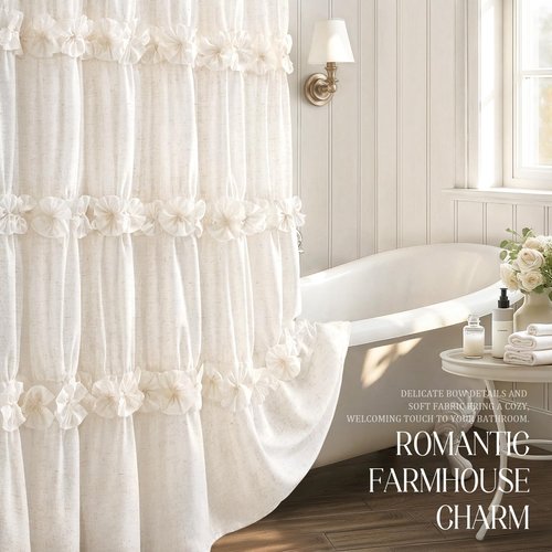 XOGUIBO Ruffle Shower Curtain with Bow Vintage Farmhouse Linen Shower Curtain for Bathroom, Cream, 72" W x 72" H