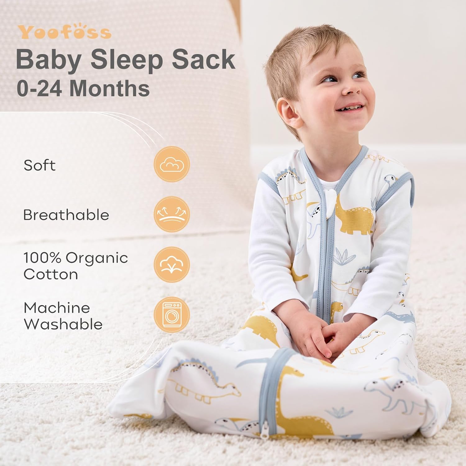 Yoofoss Baby Sleep Sack | 100% Organic Cotton Wearable Blanket for 6-12 Months | 2-Way Zipper, 3 Pack