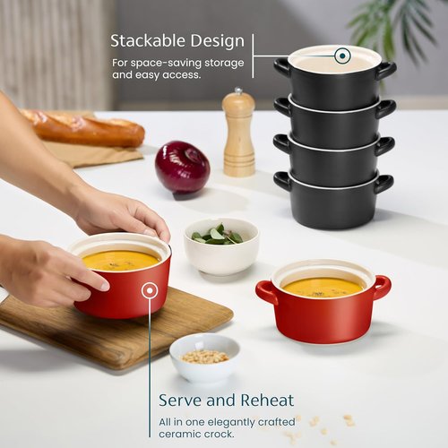 Kook Soup Crocks - Stackable Ceramic Bowls | Oven, Microwave & Dishwasher Safe - 18 oz, Set of 4 (Matte Red)