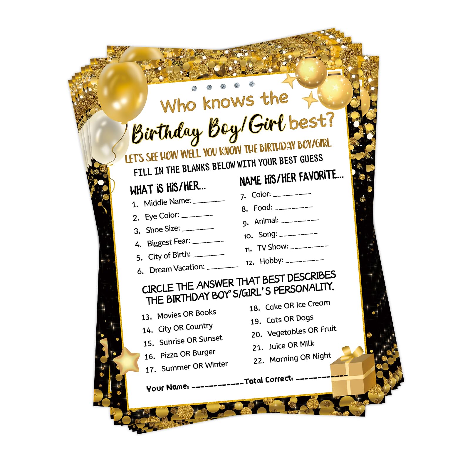 HOMANGA Who Knows The Birthday Boy Girl Best, Birthday Game Cards for Party Activities, Birthday Game Cards for Teens Kids Girls Boys Sleepover Party - Set of 30 (Black Gold, Double-Sided)