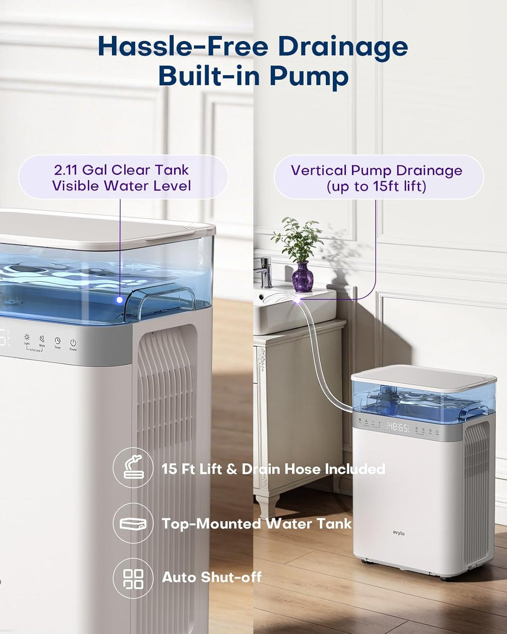 Avylo Dehumidifier | Energy Star Efficient 90 Pint/D for Basements | 4500 Sq.Ft, 2.11 Gallon Tank