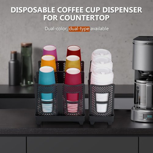 wymulot Paper Cup and Lid Holder, Disposable Coffee Cup Dispenser, 3-Slot Upright Paper Cup Dispenser for Coffee Stations, Kitchens, Bars, Restaurants, Lounges (Black)