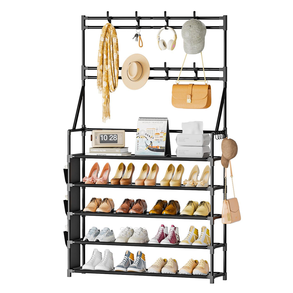 OYREL Shoe Rack 5 Tier Shoe Racks Organizer 20-25 Pairs Shoes Rack for Closet Entrance Shoe Storage Organizer with Hooks and Side Pocket Entryway Shoe Holder Space Saving Free Standing Shoe Racks