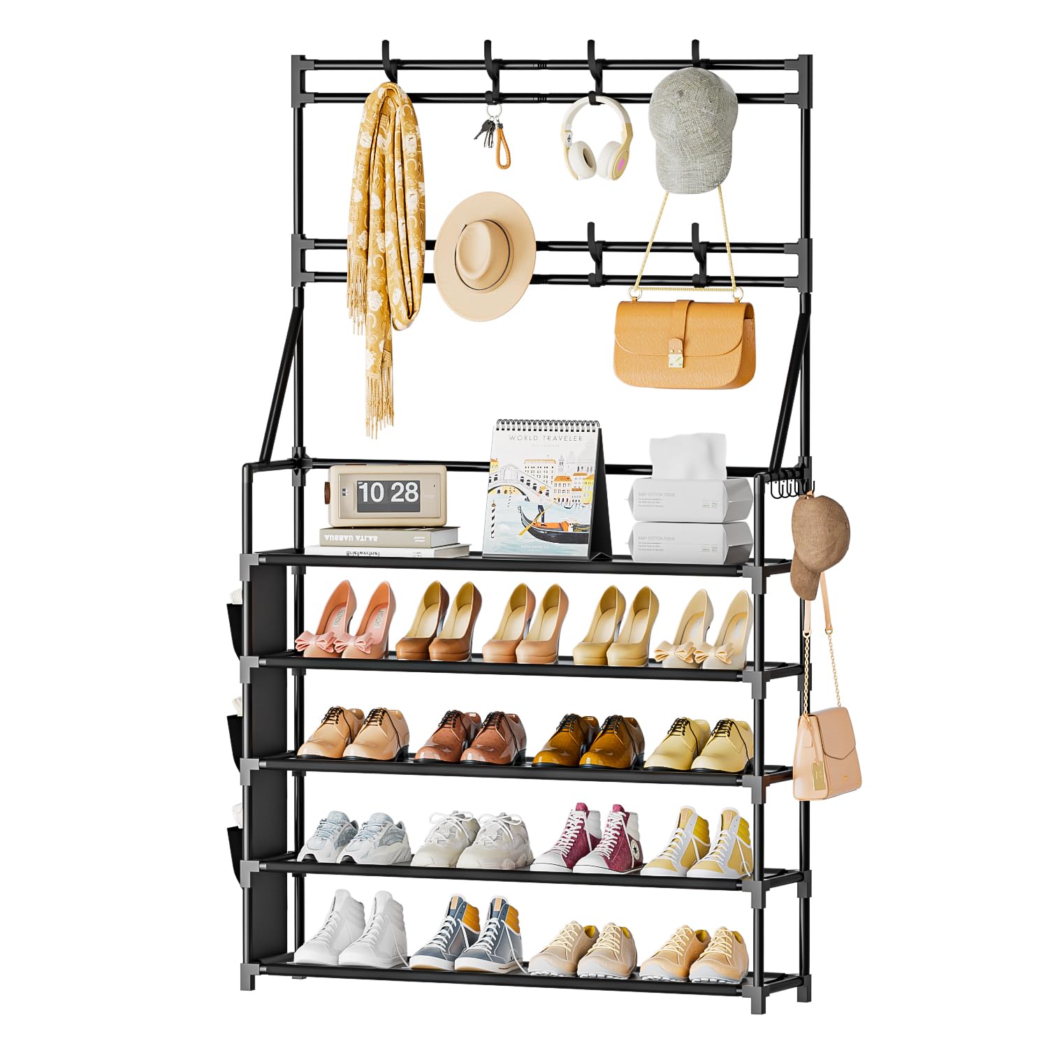 OYREL Shoe Rack 5 Tier Shoe Racks Organizer 20-25 Pairs Shoes Rack for Closet Entrance Shoe Storage Organizer with Hooks and Side Pocket Entryway Shoe Holder Space Saving Free Standing Shoe Racks