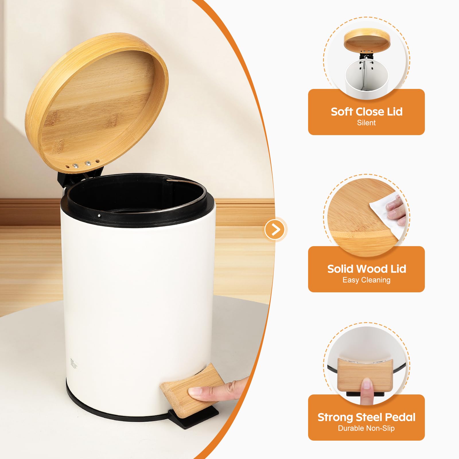 ODJSY Small Bathroom Trash Can with Natural Bamboo Lid Soft Close，3 Liter / 0.8 GallonStainless Steel Garbage Can with Removable Inner Bucket andStep Pedal（White）