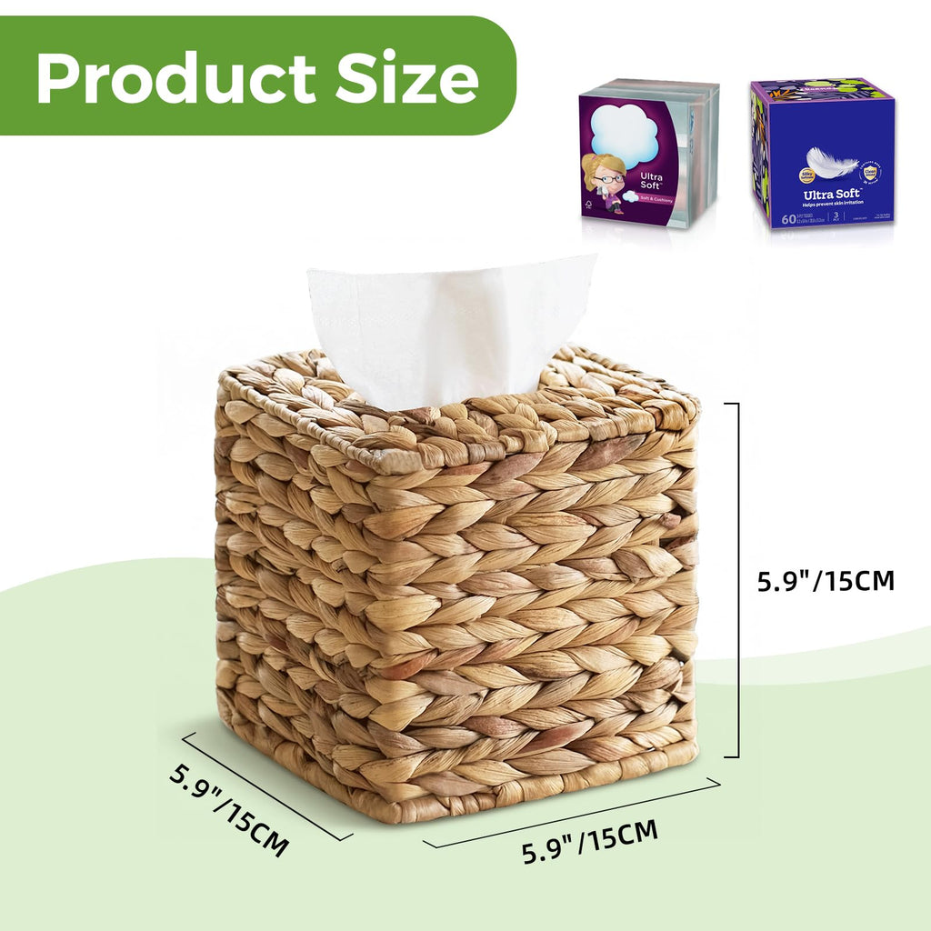 2 Pack Rattan Tissue Box Cover Square, Wicker Tissue Box Holder Facial Tissues Boxes, Hand Woven Square Tissue Box Cover Tissue Holder for Bathroom, Natural
