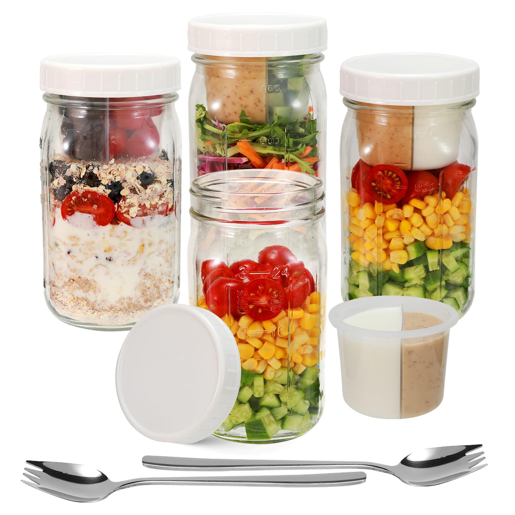 Fusnugk 4 Pack Glass Salad Mason Jars with Lids Meal Prep 32 oz Wide Mouth