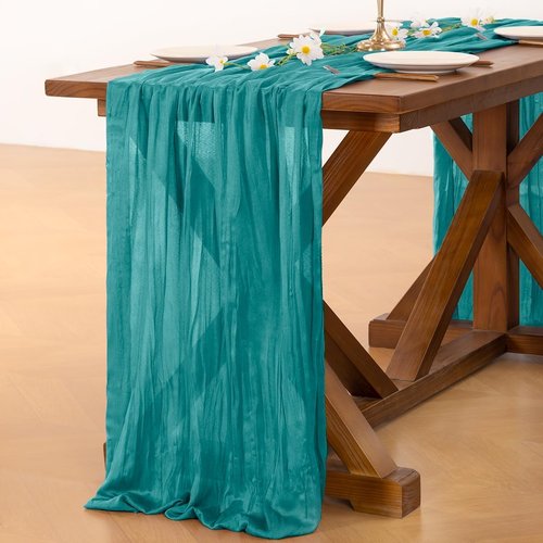 **Socomi Teal Blue Cheesecloth Table Runner - Boho Rustic 120 Inch for Weddings & Home Decor**