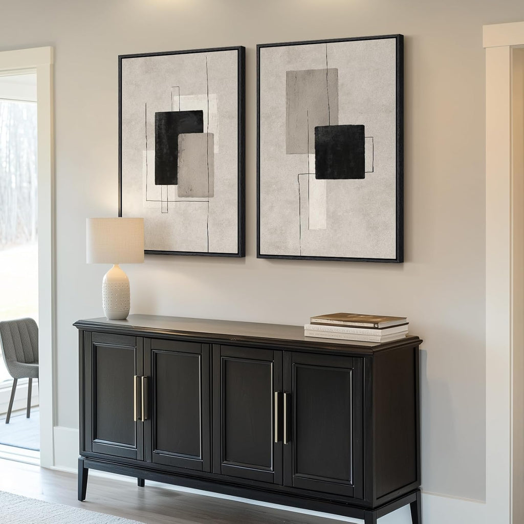 Neutral Abstract Wall Art Set by [Brand Name] - Large Black & Beige Canvas Prints for Living Room | 24x36 In