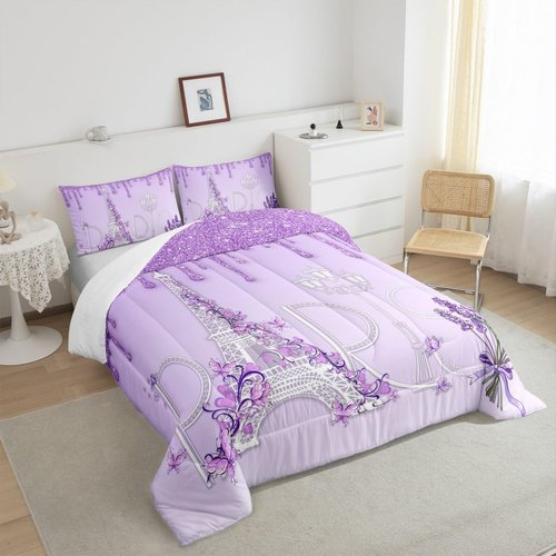 Castle Fairy Paris Comforter Set Twin Size,Eiffel Tower Bedding Set 2pcs for Kids Teens Girls Women Room Decor,Purple White Gradient Glitter Quilt Set Modern Romantic French Duvet Insert,1 Pillowcase