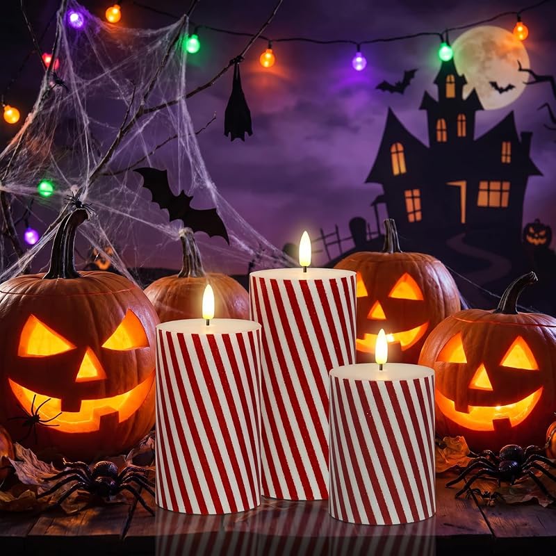 Variation of THIS listing: Christmas Flickering Red Stripes Glitter Flameless Candles, Battery Operated Pillar Real Wax LED with Remote Timer, 3-Set, Thin Red Stripes
