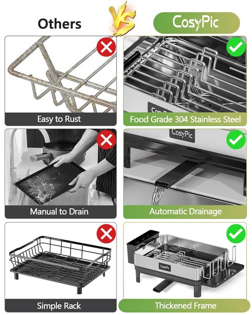 CosyPic Dish Drying Rack, Thicker Premium 304 Stainless Steel Dish Racks for Kitchen Counter, Sink, Large Dish Drainer & Drainboard Set with Utensil Holder and Cup Holder, Pink
