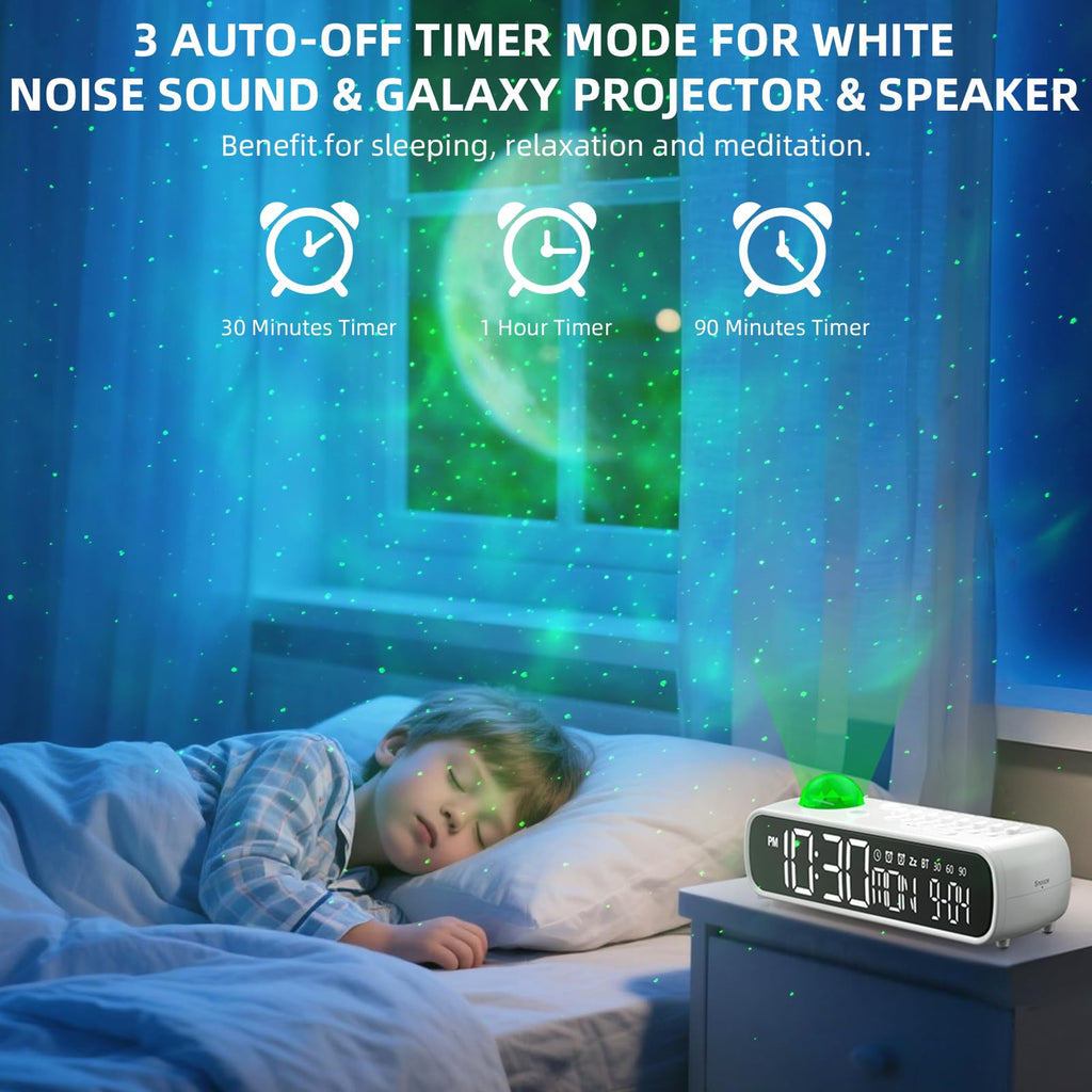 VOILEIPAGI White Noise Sound Machine with Clock for Baby Kids Adults, with 8 Soothing Sounds for Office & Sleeping, 30/60/90 Mins Timer, Bluetooth Speaker, Star Projector Galaxy Light for Home, Travel
