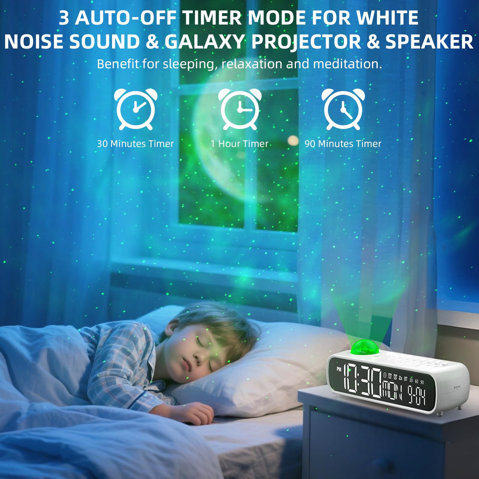 VOILEIPAGI White Noise Sound Machine with Clock for Baby Kids Adults, with 8 Soothing Sounds for Office & Sleeping, 30/60/90 Mins Timer, Bluetooth Speaker, Star Projector Galaxy Light for Home, Travel