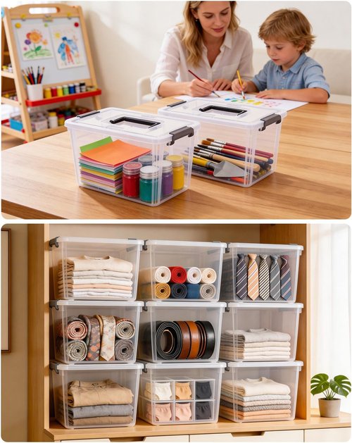 CITYLIFE Clear Plastic Storage Bins - 4 Pack with Latching Lids & Handles | Stackable Organizers for Toys, Crafts, Tools