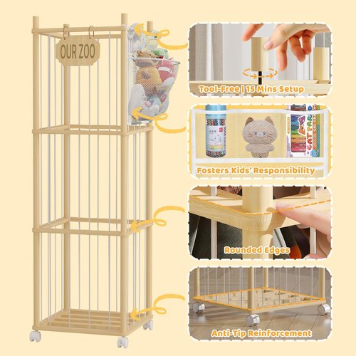 UAMFURI Stuffed Animal Storage with Net Wooden Toy Storage Organizer Stuffed Animal Zoo Storage with Lockable Wheels for Toddler Rooms, Playrooms & Bedrooms (4-layers)