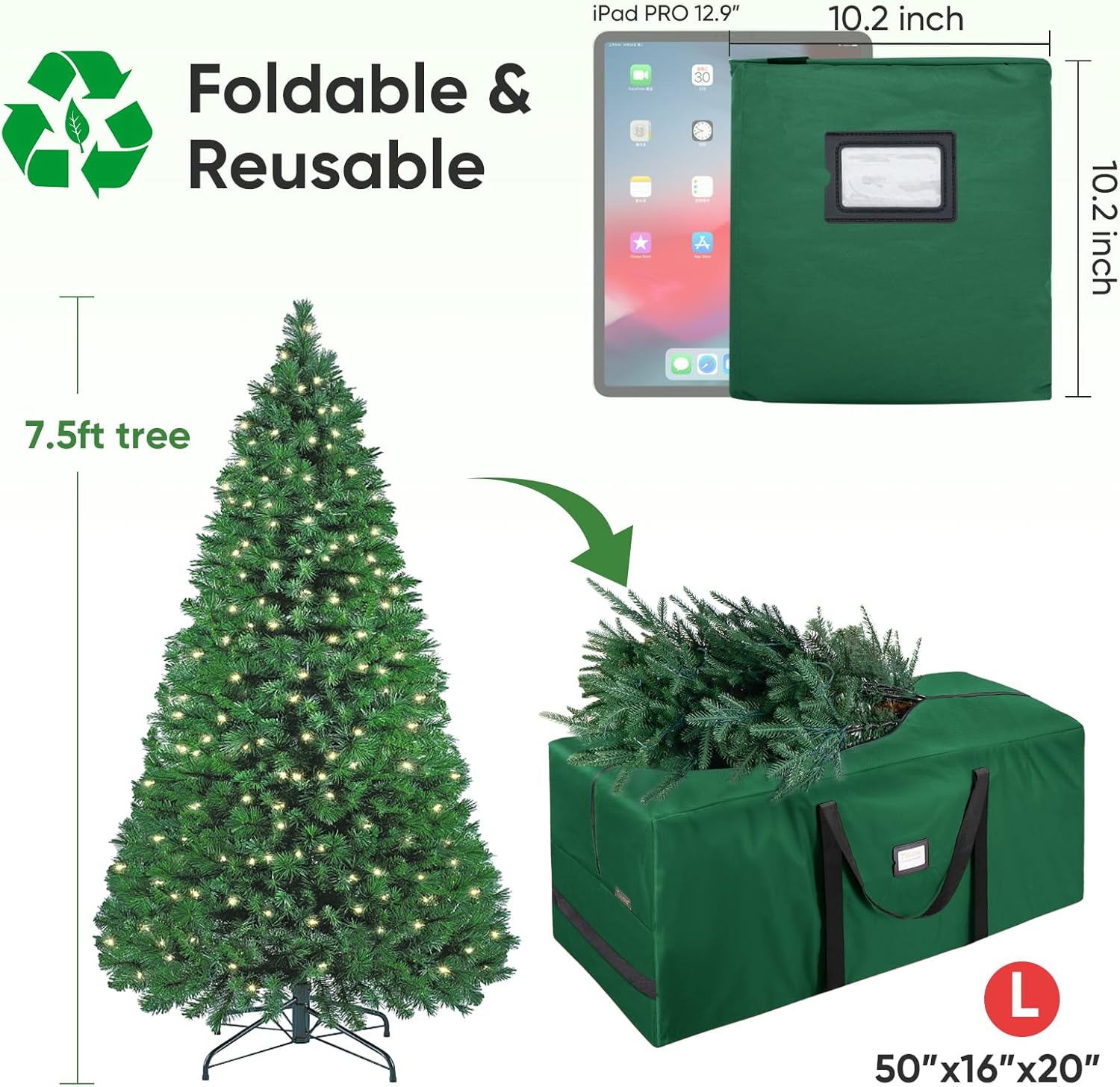 BALEINE Christmas Tree Storage Bag - Heavy Duty 900D Oxford Fabric, Extra Large with Dual Zippers (Green)