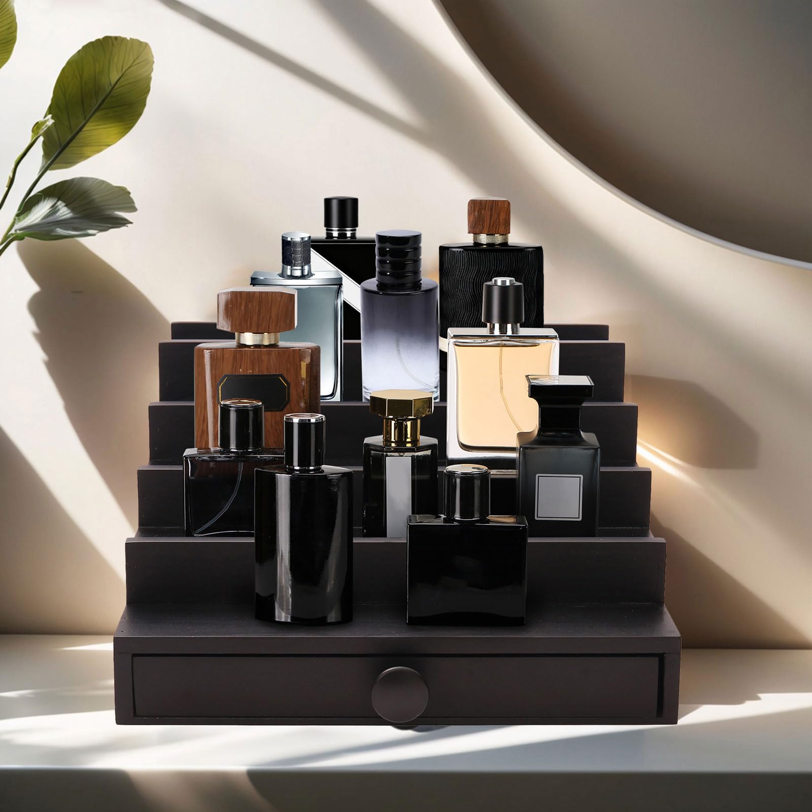 Fengligoo 5 Tier Cologne Organizer for Men - Wooden Black Cologne Perfume Display Stand with Drawer and Hidden Compartment, Mens Cologne Holder Shelf for Organizing and Storing