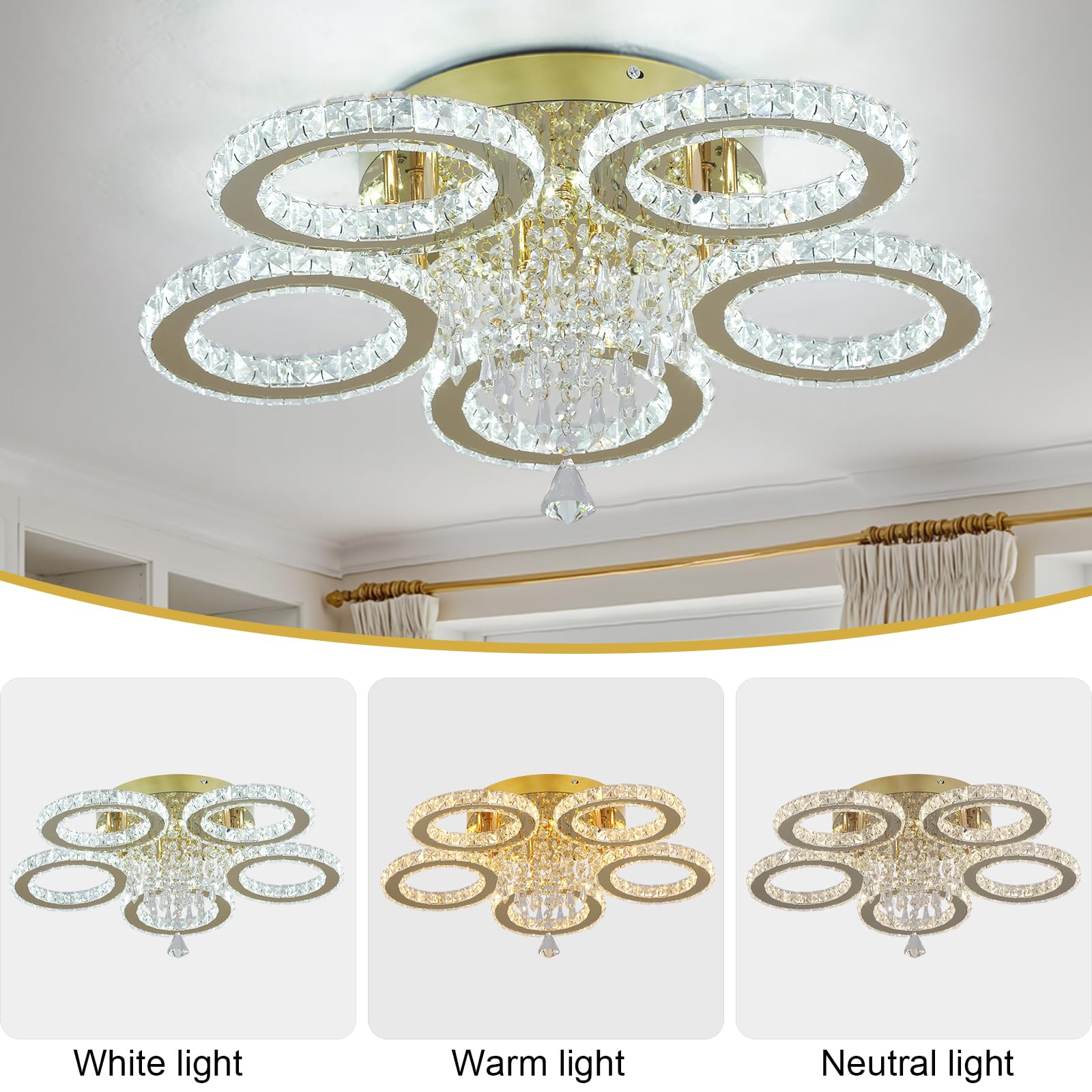 VETRULUS Modern Crystal LED Chandelier, 5-Ring Gold Flush Mount Ceiling Light Fixture for Bedroom, Dining Room, Living Room, Hallway – Dimmable