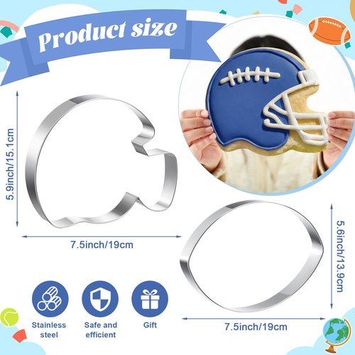 Teenyyou 2 Pcs 7.56 Inch Large Football Cookie Cutter Football Helmet Shaped Baking Cookie Cutters Stainless Steel Oversized for Sports Themed Party