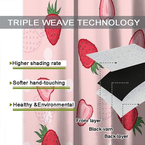 INSFBRB Pink Red Strawberry Rod Pocket Blackout Curtains for Living Room,Insulated Girls Cartoon Cute Fruit Strawberry Print Bedroom Curtains,2 Panels 45L x 21W