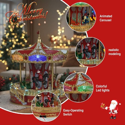 Animated Christmas Carousel by 9 - Musical LED Lights for Festive Home Tabletop Decoration