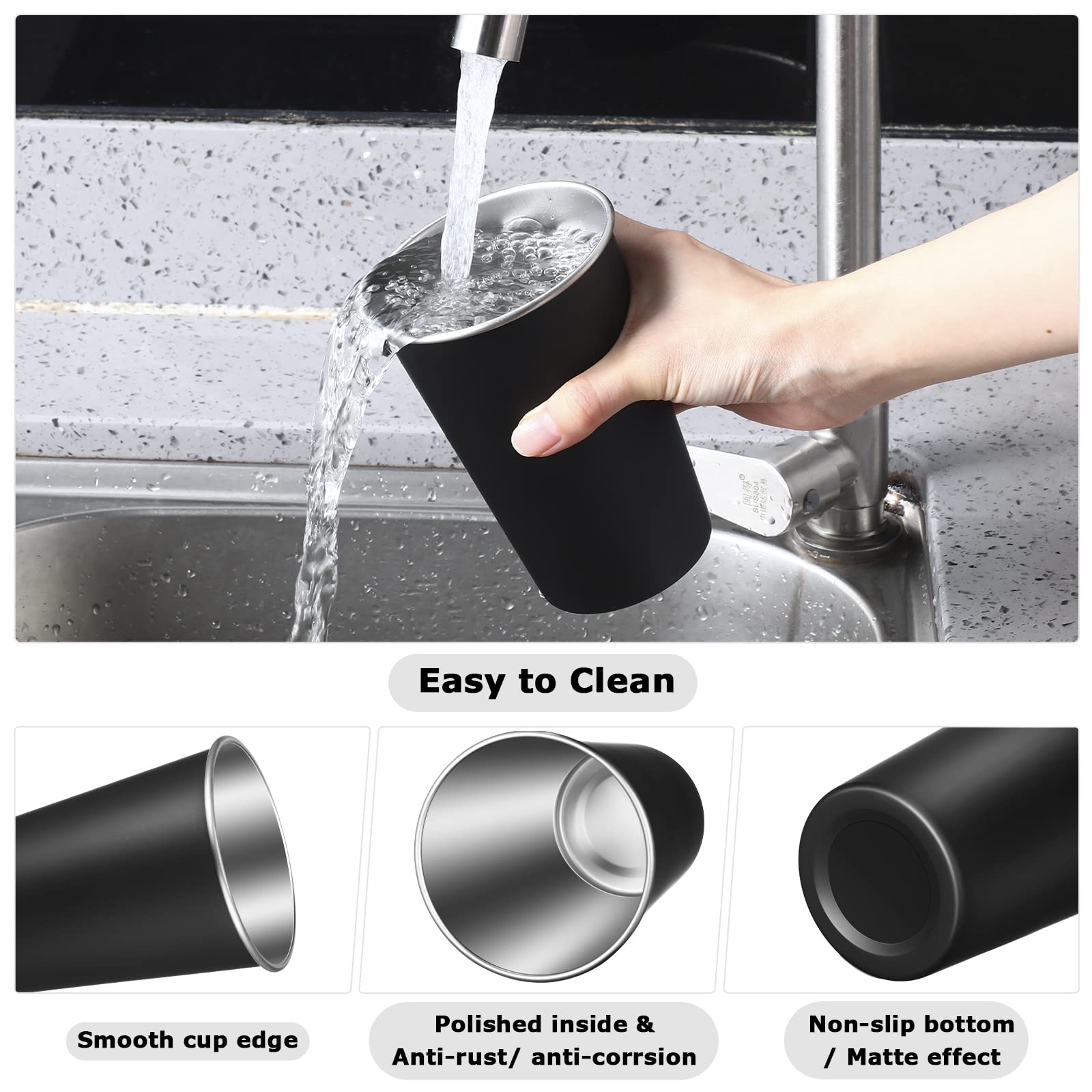 Mimorou 20 Pack Stainless Steel Pint Cups Metal Cups Unbreakable Drinking Water Tumblers Stackable Tumbler for Adults Bar Home Restaurant Travel Picnic Camping Outdoor (Black,16 oz)
