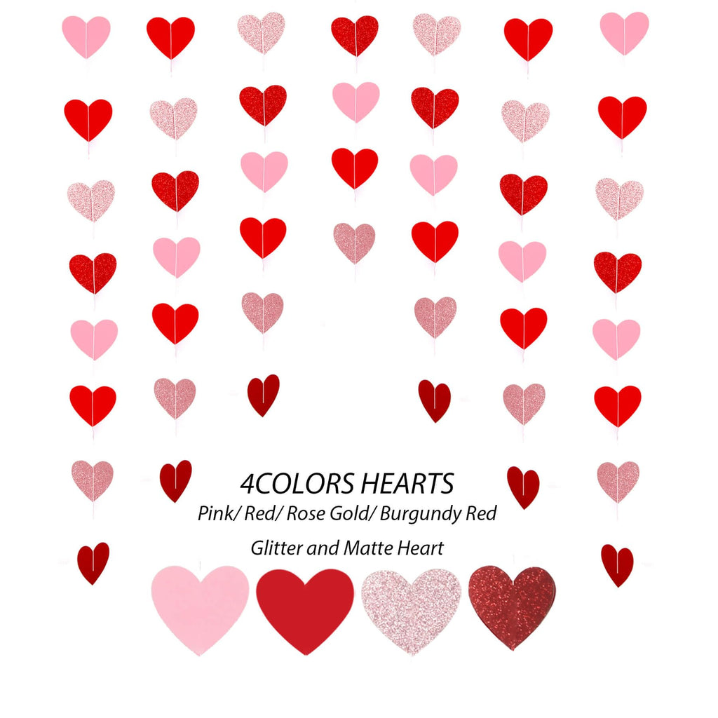 Heart Garland Banner Valentines Decorations- Valentines Galentines Day, Pink Rose Gold Burgundy Red Party Hanging Décor- 52ft Pre-Strung Paper Hearts Garland Streamers for Bridal Shower Party, NO DIY