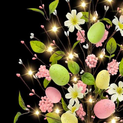 2 Pack & Timer - Lighted Easter Egg Tree Tabletop Easter Decorations 40 LED 18 Colorful Eggs 12 Flowers 20 Berries 112 Floral Berries Battery Operated Artificial Tree Decor Home Indoor Spring