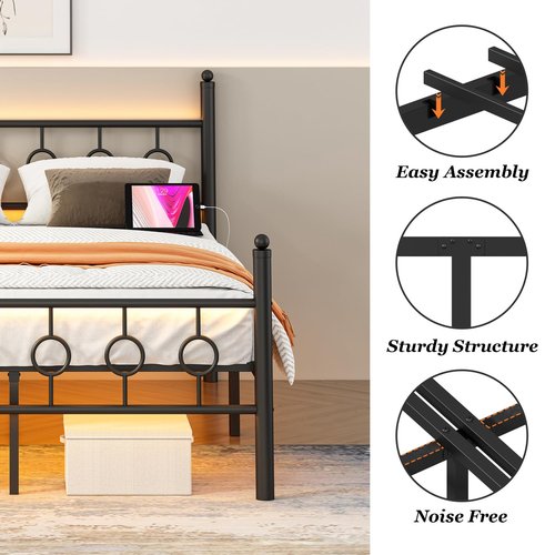 Jenmit Full Size Bed Frame with Headboard, Metal Platform Bed Frame with Charging Station & LED Lights, Storage Space Under Bed, No Box Spring Needed, Noise Free, Easy Assembly, Black