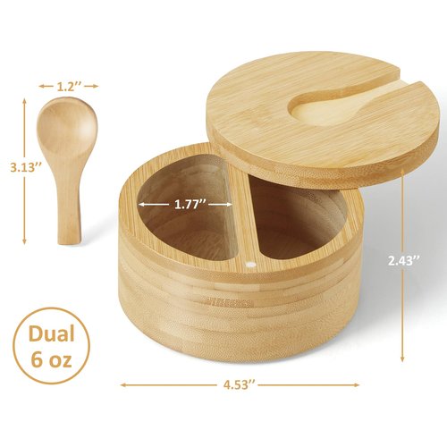 OUTNILI 2-Compartment Salt Box with Lid and Spoon, Bamboo Salt Cellar with Swivel Lid, Salt and Pepper Bowls for Salt & Spices, Dual 6 oz Salt Container