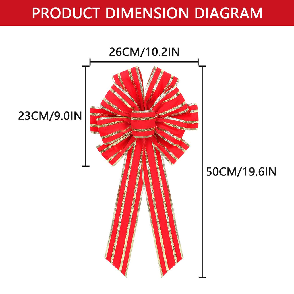 RoseCraft 2PCS Red/Gold Christmas Bow, 9”x13” Large Velvet Christmas Tree Topper Bow Ornaments for Home Xmas Tree Wreath Fence Stairs Railing Fireplace Front Door Party Valentine's Day Decoration.
