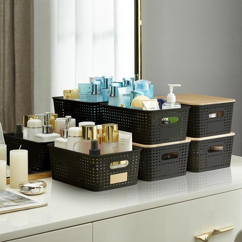 Bagnizer Small Plastic Storage Bins - Stackable Decorative Containers with Bamboo Lids | 5.2qt, Black, Set of 6