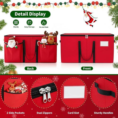 EverMerry Christmas Ornament Storage Box - Large Sturdy Container with Adjustable Dividers & 8 Trays (Red)